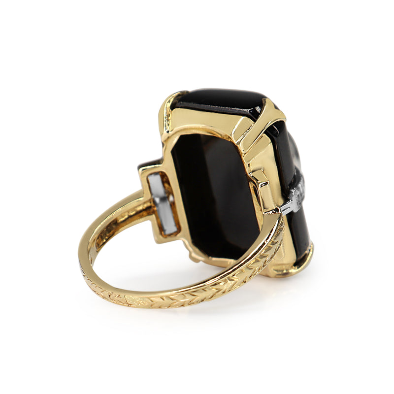 18ct Yellow and White Gold Art Deco Moonstone, Onyx and Diamond Etched Band Ring