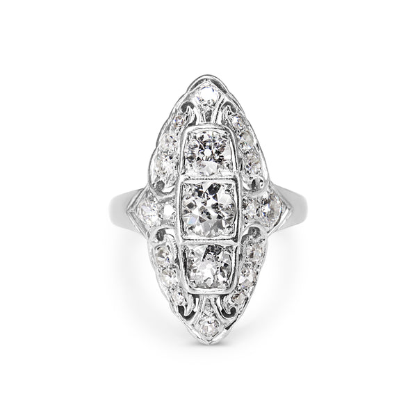 Platinum Old Cut Art Deco Sheild Shape Diamond Ring
