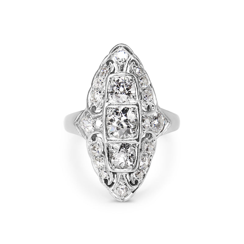 Platinum Old Cut Art Deco Sheild Shape Diamond Ring