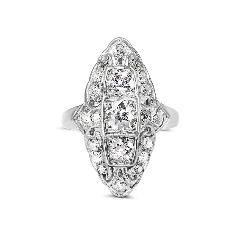 Platinum Old Cut Art Deco Sheild Shape Diamond Ring