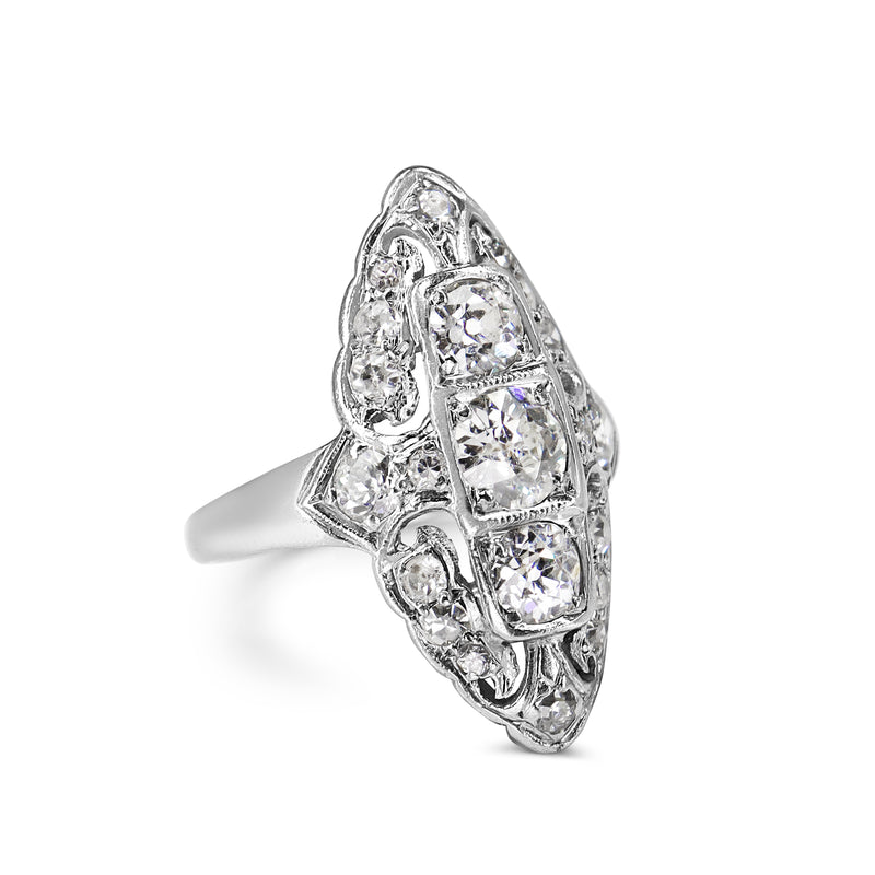 Platinum Old Cut Art Deco Sheild Shape Diamond Ring