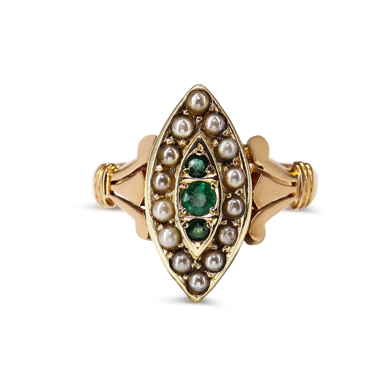 9ct Rose Gold Antique Emerald and Pearl Victorian Marquise Shaped Ring