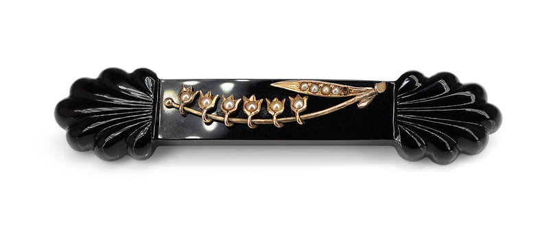 14ct Yellow Gold Antique Jet and Pearl Brooch with Metal Pin