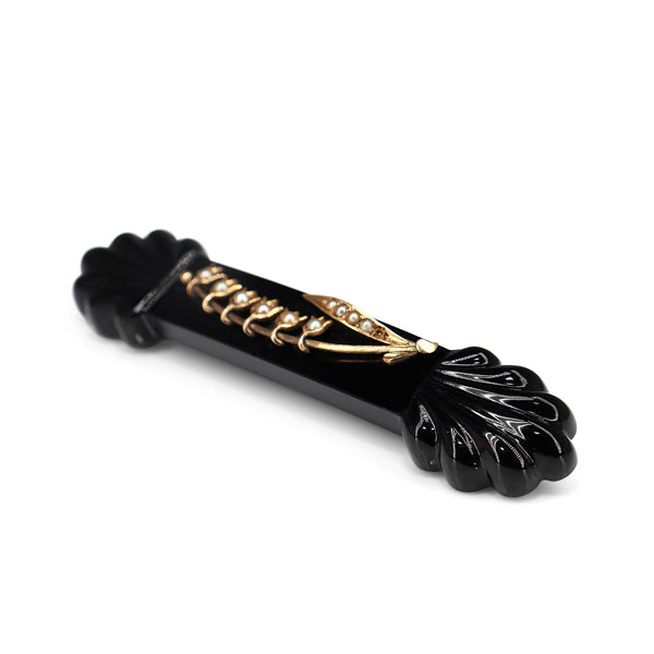 14ct Yellow Gold Antique Jet and Pearl Brooch with Metal Pin