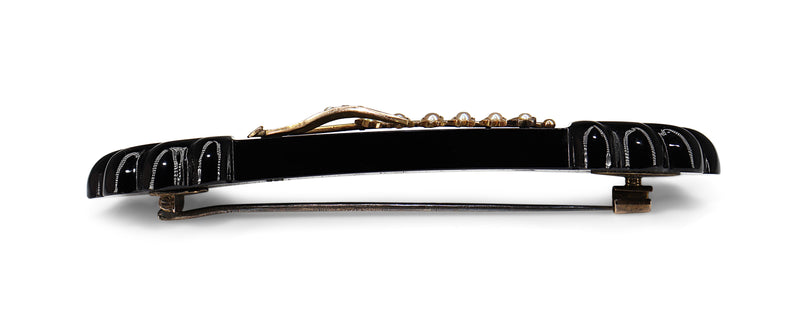 14ct Yellow Gold Antique Jet and Pearl Brooch with Metal Pin