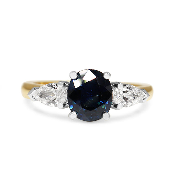 18ct Yellow and White Gold Sapphire and Pear Shaped Diamond 3 Stone Ring
