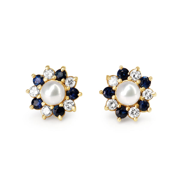 18ct Yellow Gold 6mm Akoya Pearl and Sapphire and Diamond Jacket Halo Earrings