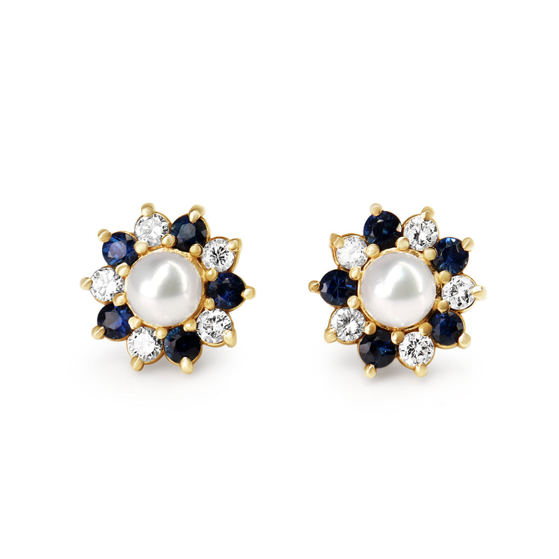 18ct Yellow Gold 6mm Akoya Pearl and Sapphire and Diamond Jacket Halo Earrings