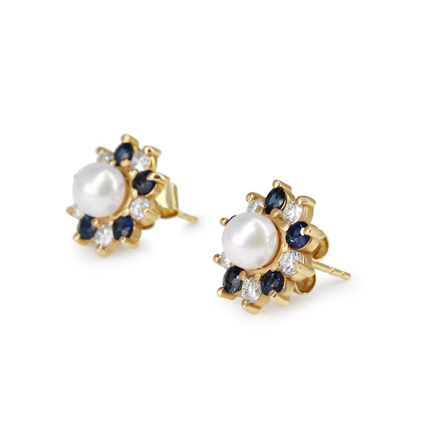 18ct Yellow Gold 6mm Akoya Pearl and Sapphire and Diamond Jacket Halo Earrings