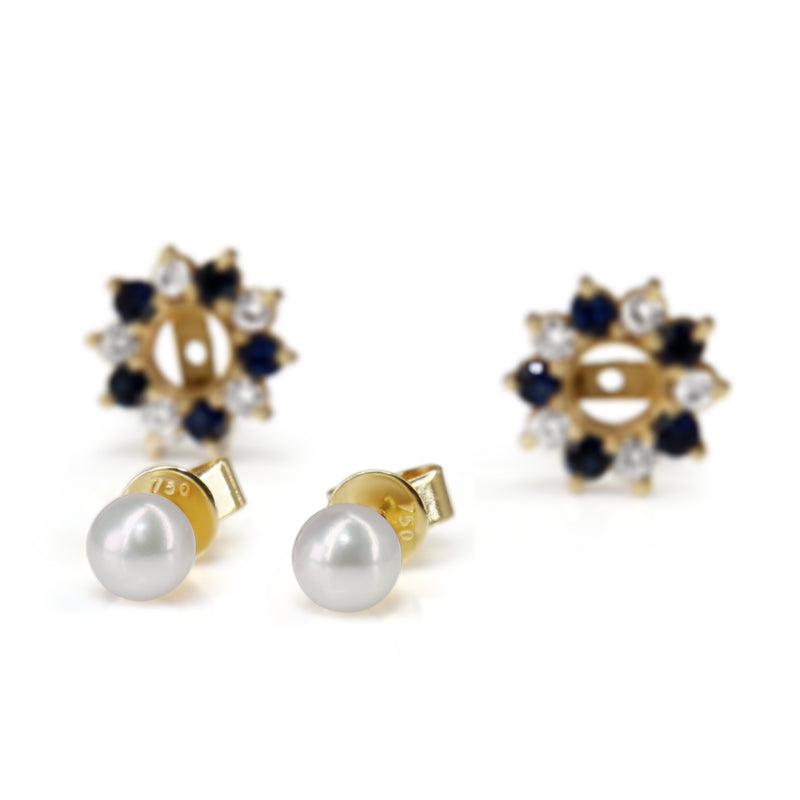 18ct Yellow Gold 6mm Akoya Pearl and Sapphire and Diamond Jacket Halo Earrings