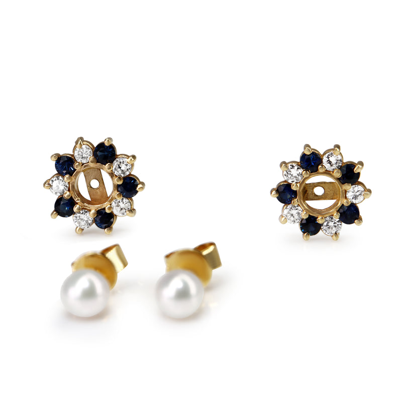 18ct Yellow Gold 6mm Akoya Pearl and Sapphire and Diamond Jacket Halo Earrings