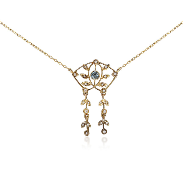 10ct Yellow Gold Antique Aquamarine and Seed Pearl Necklace