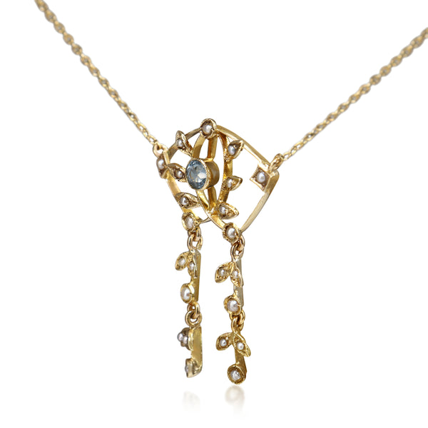 10ct Yellow Gold Antique Aquamarine and Seed Pearl Necklace