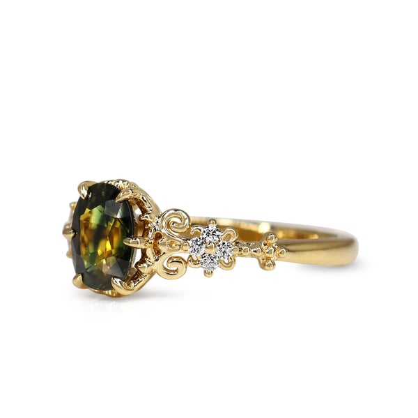 18ct Yellow Gold Green Sapphire and Diamond Ring