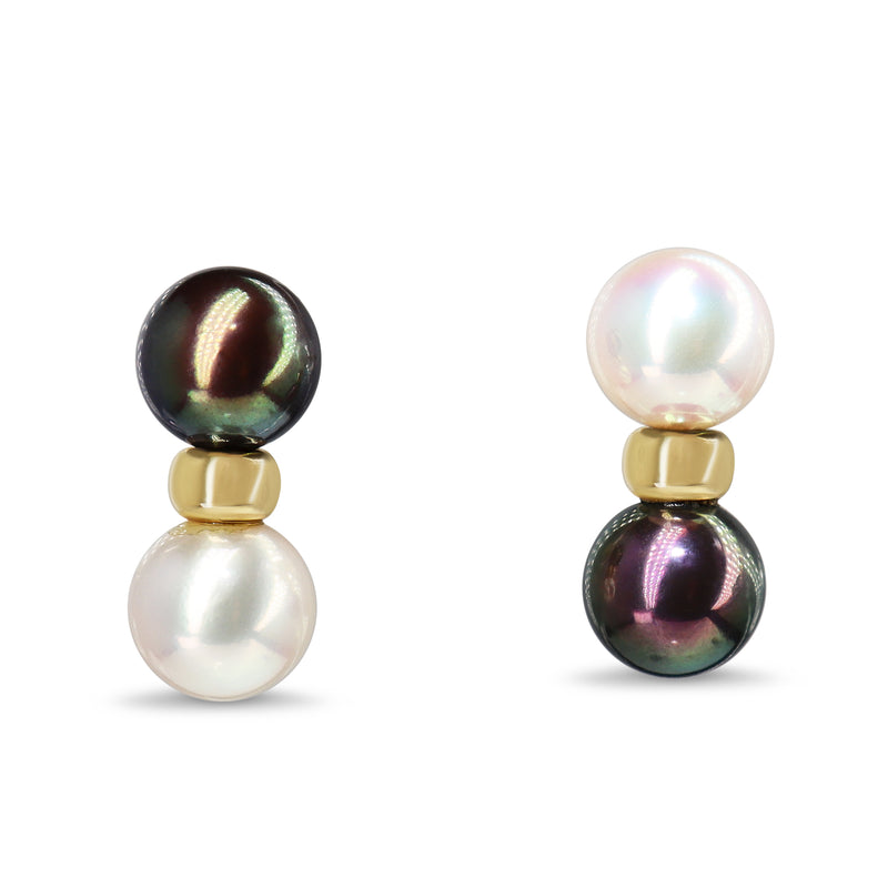 18ct Yellow Gold White and Black Akoya Pearl Earrings