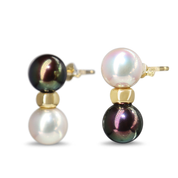 18ct Yellow Gold White and Black Akoya Pearl Earrings