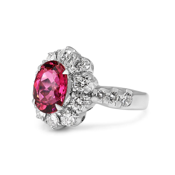 Platinum Pink Tourmaline and Diamond Halo Cluster Ring