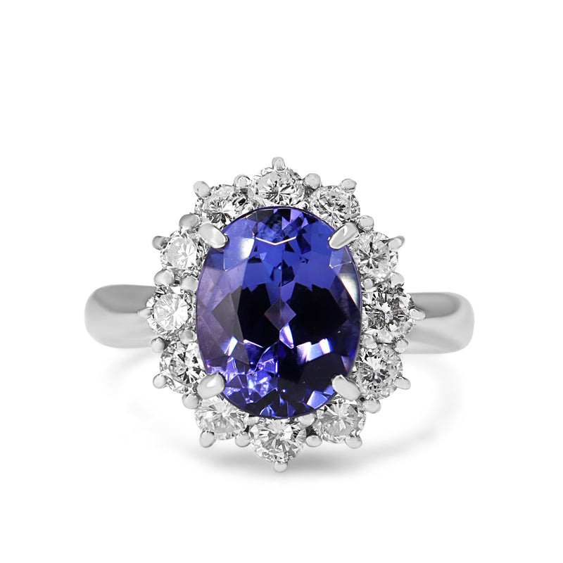 Platinum Tanzanite and Diamond Halo Cluster Ring