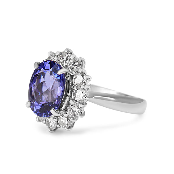 Platinum Tanzanite and Diamond Halo Cluster Ring