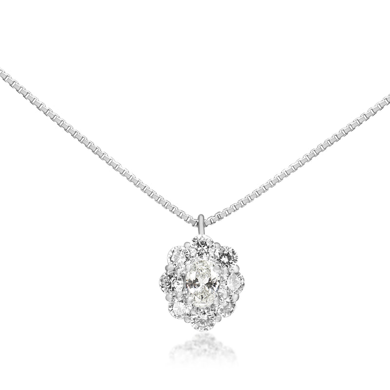 Platinum Oval Diamond Halo Cluster Necklace