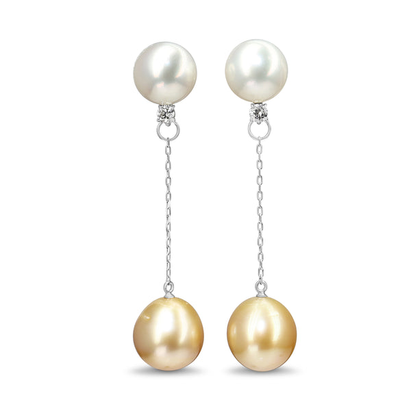 18ct White Gold White and Golden South Sea Pearl and Diamond Drop Earrings