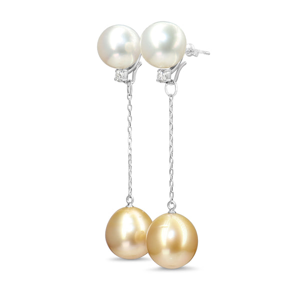 18ct White Gold White and Golden South Sea Pearl and Diamond Drop Earrings