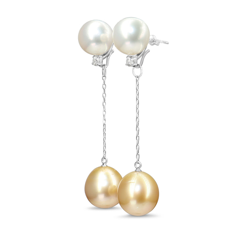 18ct White Gold White and Golden South Sea Pearl and Diamond Drop Earrings