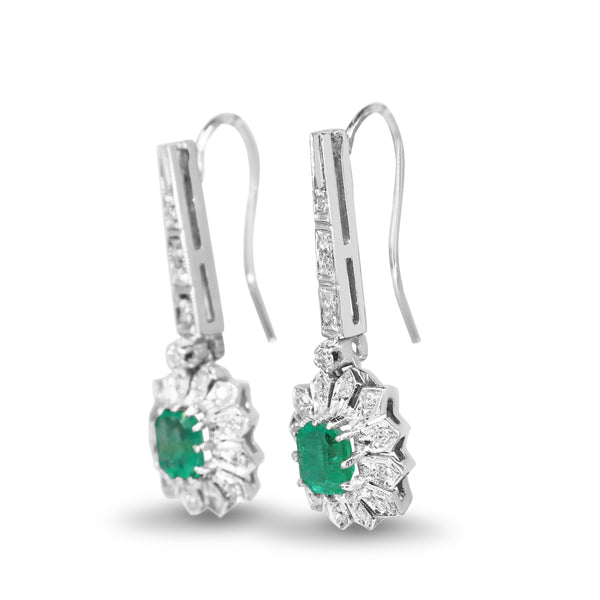 Palladium Emerald and Single Cut Diamond Earrings