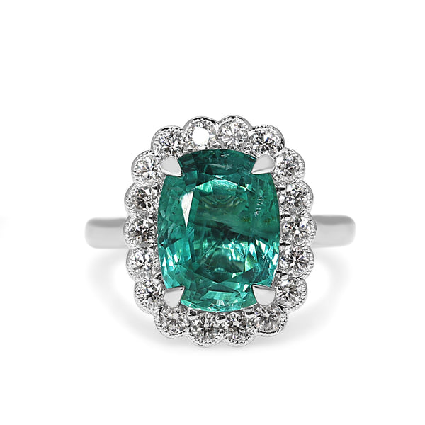 18ct White Gold Cushion Cut Emerald and Diamond Daisy Style Ring