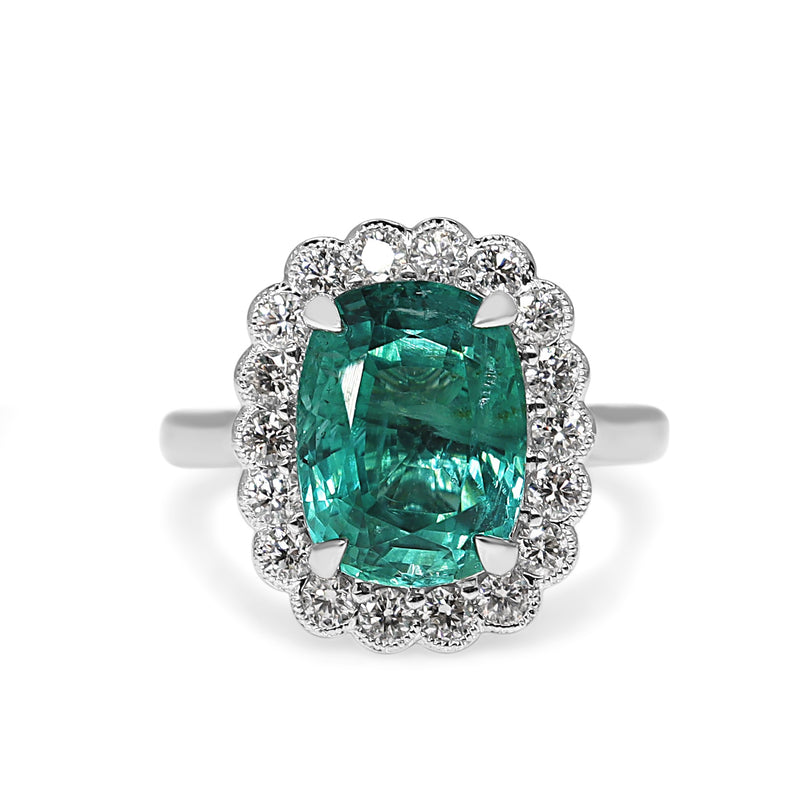 18ct White Gold Cushion Cut Emerald and Diamond Daisy Style Ring