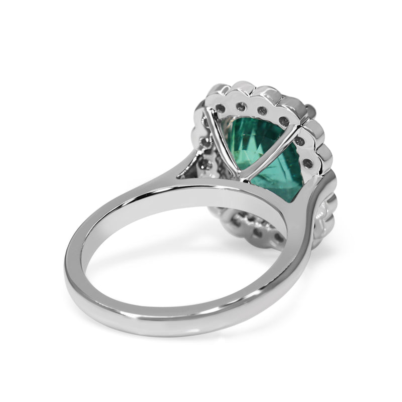 18ct White Gold Cushion Cut Emerald and Diamond Daisy Style Ring
