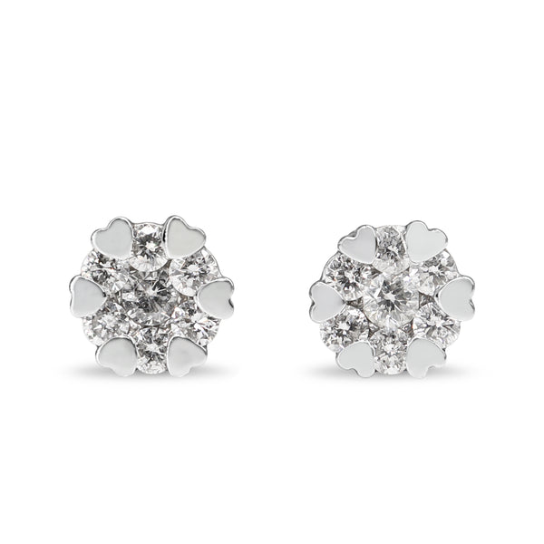 Platinum Diamond Cluster Stud Earrings with Heart Claws