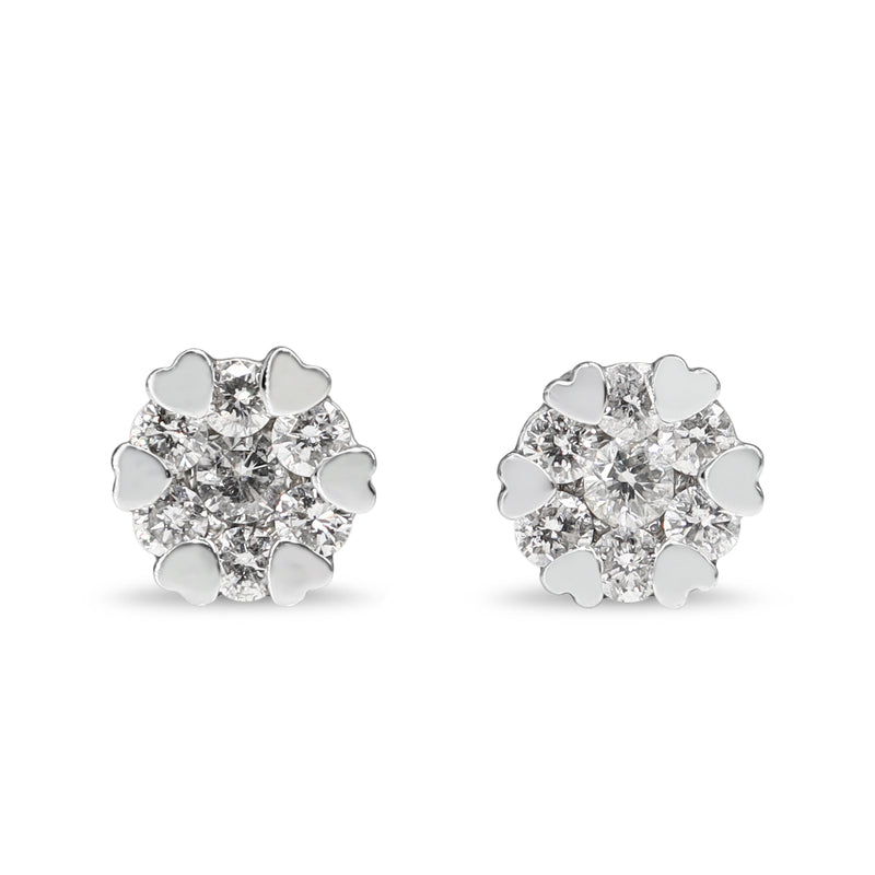 Platinum Diamond Cluster Stud Earrings with Heart Claws