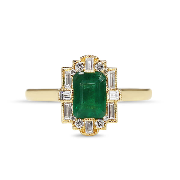 18ct Yellow Gold Emerald and Baguette Diamond Halo Art Deco Style Ring