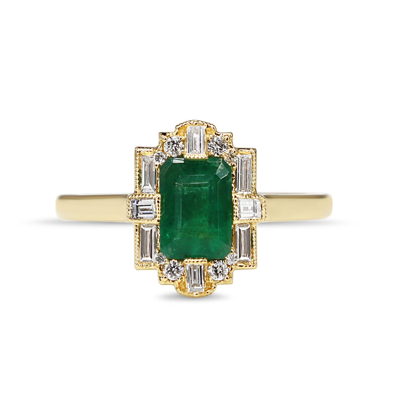 18ct Yellow Gold Emerald and Baguette Diamond Halo Art Deco Style Ring