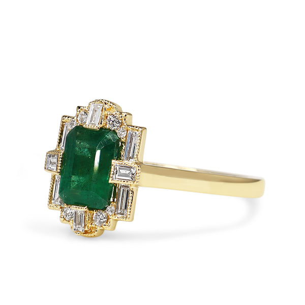 18ct Yellow Gold Emerald and Baguette Diamond Halo Art Deco Style Ring