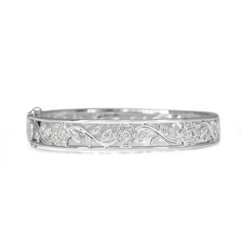 9ct White Gold Diamond Floral Bangle