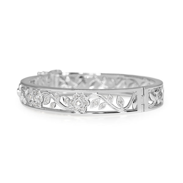 9ct White Gold Diamond Floral Bangle