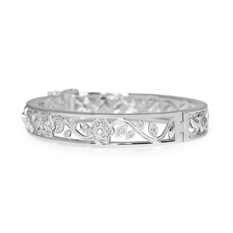9ct White Gold Diamond Floral Bangle