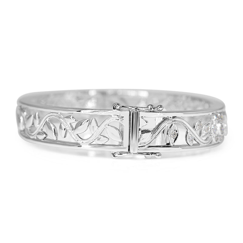 9ct White Gold Diamond Floral Bangle