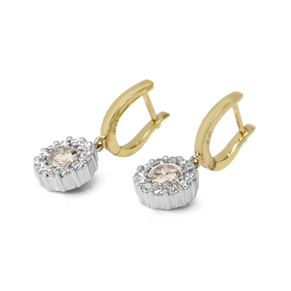18ct Yellow and White Gold Champagne Diamond Halo Drop Earrings