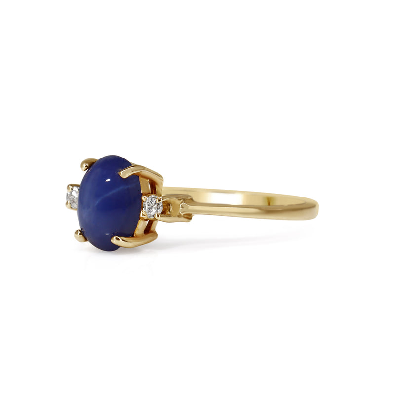 14ct Yellow Gold Cabochon Star Sapphire and Single Cut Diamond 3 Stone Ring