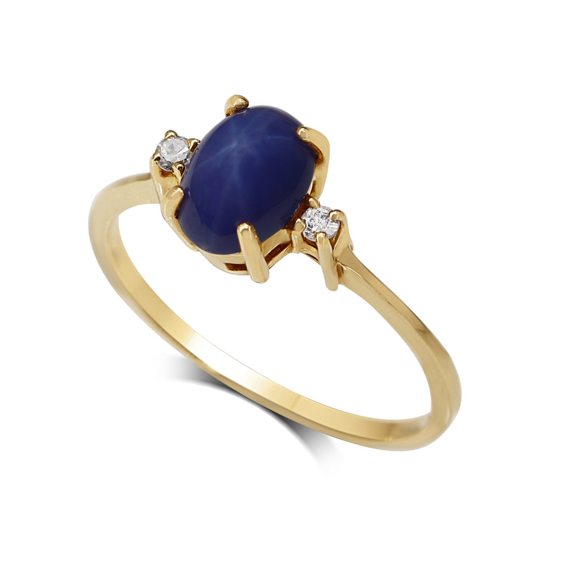 14ct Yellow Gold Cabochon Star Sapphire and Single Cut Diamond 3 Stone Ring