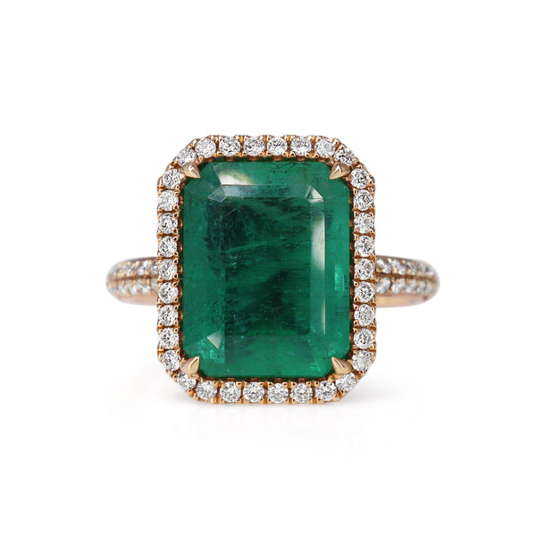 18ct Rose Gold Emerald and Diamond Halo Ring