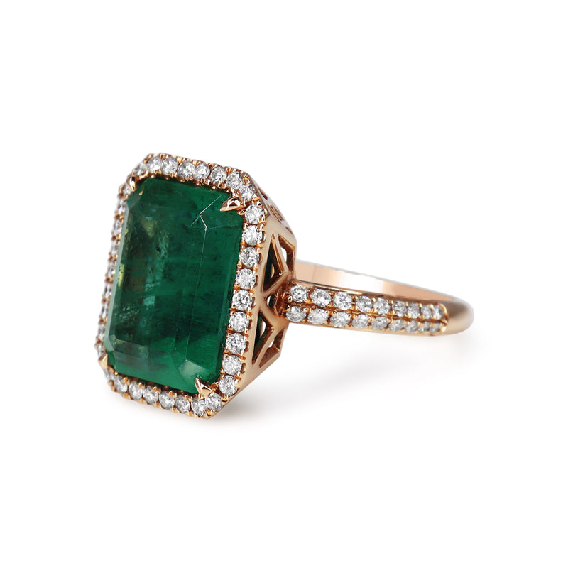 18ct Rose Gold Emerald and Diamond Halo Ring