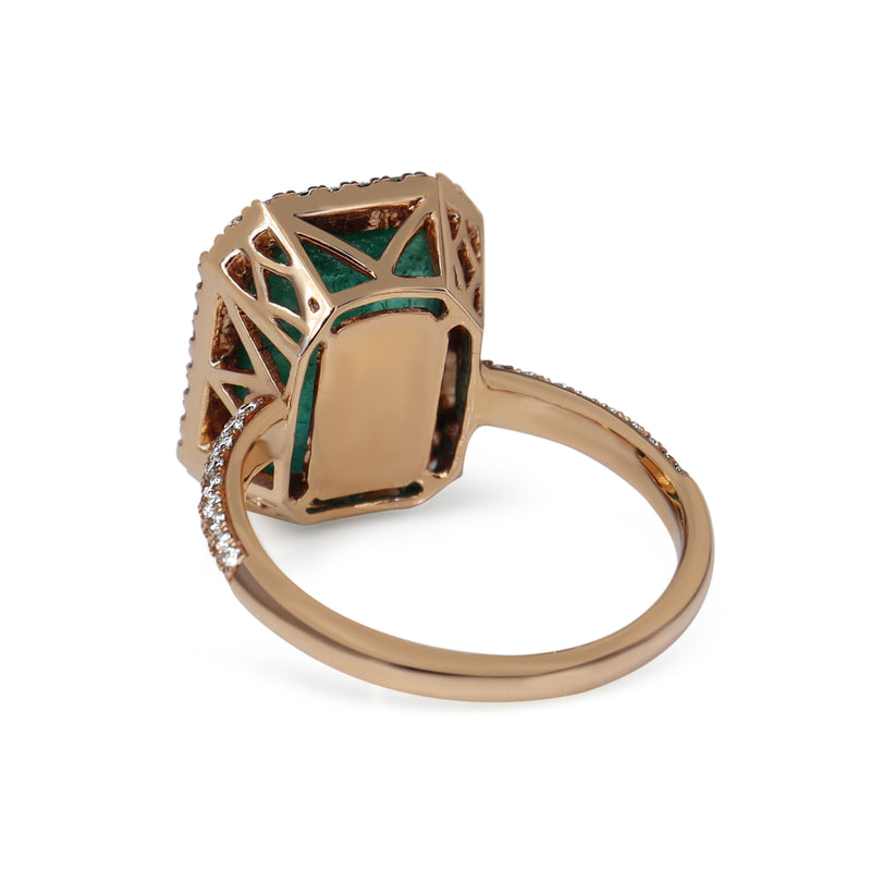 18ct Rose Gold Emerald and Diamond Halo Ring