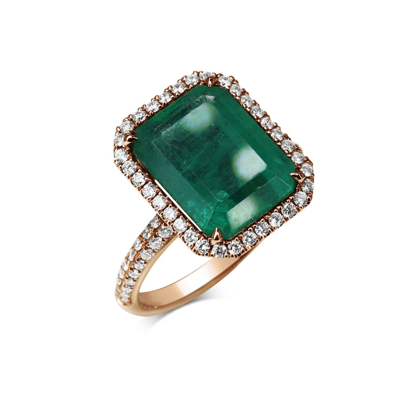 18ct Rose Gold Emerald and Diamond Halo Ring