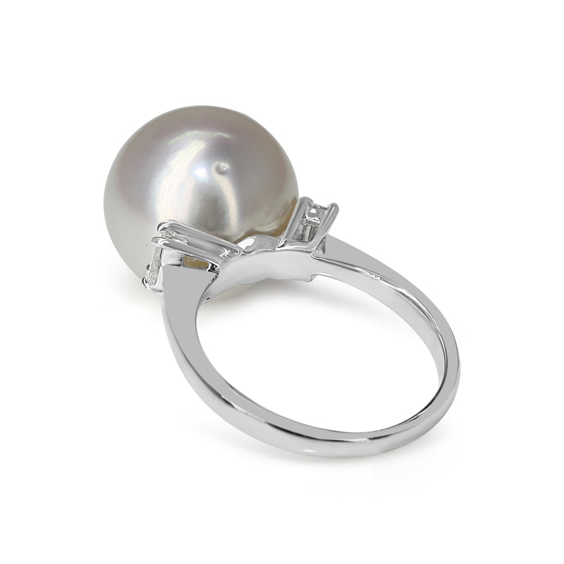 Platinum 12.7mm South Sea Pearl and Baguette Diamond Ring