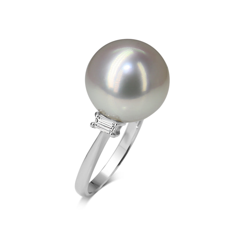 Platinum 12.7mm South Sea Pearl and Baguette Diamond Ring