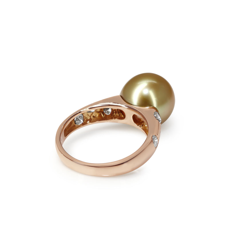 18ct Rose Gold 11mm Golden South Sea Pearl and Diamond Ring
